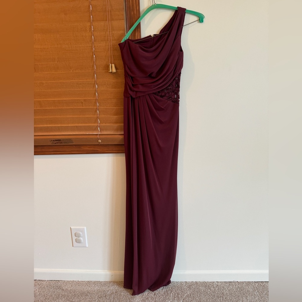 Maroon, Size 2, one shoulder with lace cut out, David’s Bridal Bridesmaid dress